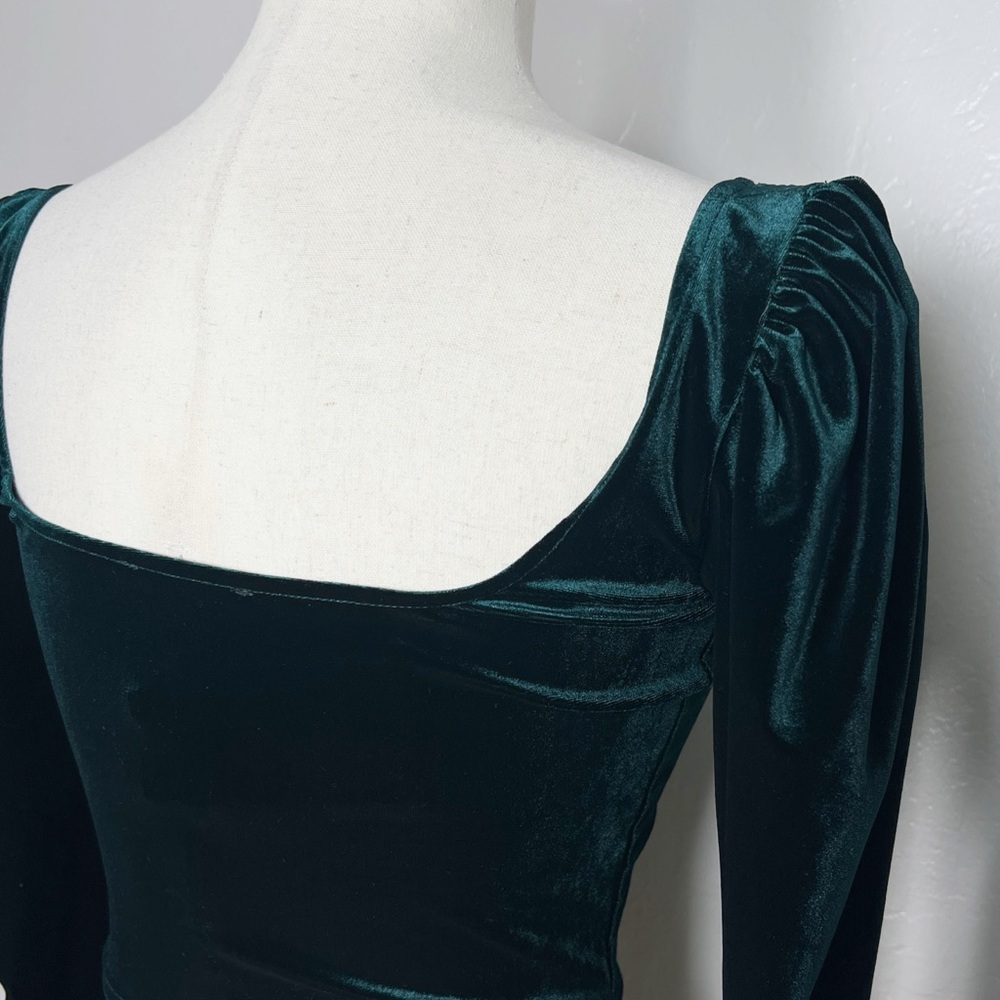 ZARA Women’s Size S Green Velvet Long Puff Sleeve Cropped Square-Neck Corset Top - Picture 8 of 14